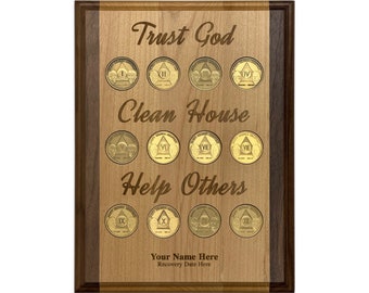 Personalized Recovery Coin Display Plaque | 9x12 Solid Wood Plaque for 12 Recovery Medallions | Trust God, Clean House, Help Others