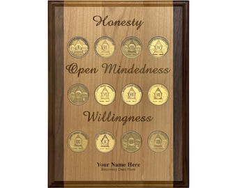 Recovery Medallion Holder Display Plaque | Custom Laser Engraved 9x12 Solid Wood Plaque for 12 Recovery Tokens