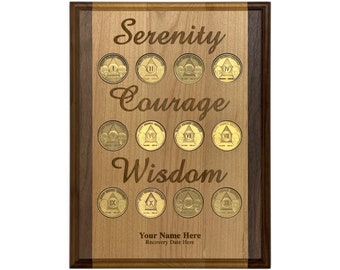 Medallion Display Plaque | 9x12 Solid Wood Plaque for 12 Recovery Tokens - Personalized Recovery Coin Gift