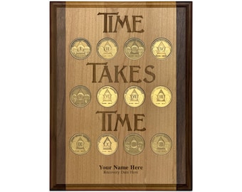 Personalized Recovery Coin Display Plaque Holder | Laser Engraved Engraved Time Takes Time Gift for Sponsor or Sponsee