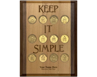Custom Medallion Holder | Personalized Display Plaque for Recovery Tokens and Coins | Laser Engraved Keep It Simple | 12 Step Recovery Gift