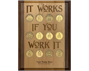 Personalized Medallion Holder | Laser Engraved Display Plaque for Recovery Tokens and Coins | It Works If You Work It