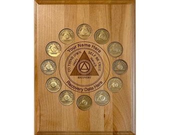AA Medallion Display - Solid Wood Plaque for 12 Tokens - Personalized AA Sobriety Gift