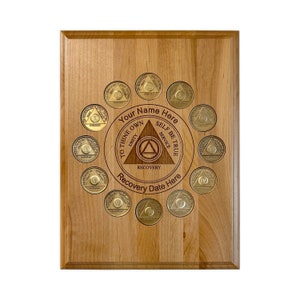 AA Medallion Display - Solid Wood Plaque for 12 Tokens - Personalized AA Sobriety Gift