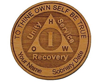 Personalized Wooden Alcoholics Anonymous Anniversary Chip, AA Birthday Token, Recovery Medallion, Unique 12 Step Gifts and Commemoratives