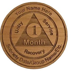 Personalized AA Month Chip, Wooden Alcoholics Anonymous Token, Recovery Medallion, 12 Step Gifts for Sponsee