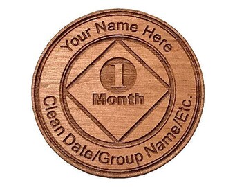 Personalized NA Month Chip, Wooden Narcotics Anonymous Tokens and 12 Step Recovery Medallions for Clean Time Anniversaries and Birthdays