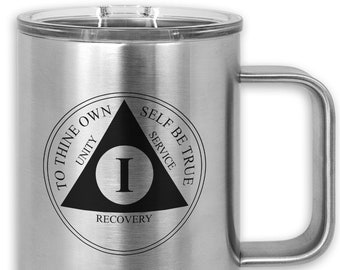 15 oz. AA Medallion Coffee Mug | Personalized Laser Engraved Travel Cup | 12 Step Recovery Gifts for Men and Women in Alcoholics Anonymous