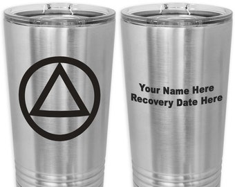 16 Oz. Personalized Travel Tumbler, Pint Size Custom AA Insulated Travel Mug with Circle & Triangle Alcoholics Anonymous Symbol