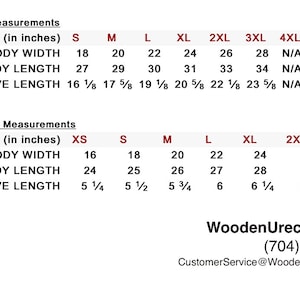May include: A chart showing shirt measurements in inches for men and women. The chart includes sizes from XS to 6XL and lists body width, full body length, and sleeve length.
