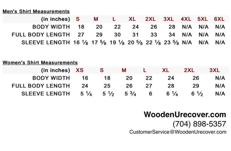 May include: A chart showing shirt measurements in inches for men and women. The chart includes sizes from XS to 6XL and lists body width, full body length, and sleeve length.