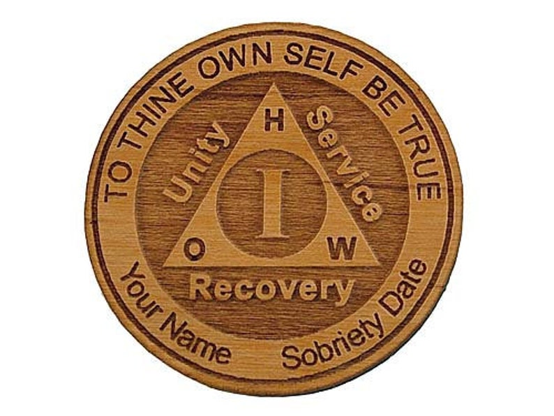 Personalized Wooden Alcoholics Anonymous Anniversary Chip, AA Birthday Token, Recovery Medallion, Unique 12 Step Gifts and Commemoratives image 1