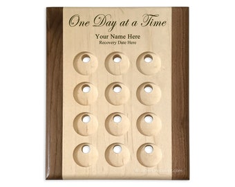 Personalized Medallion Holder, Deluxe One Day at a Time 12 Chip Maple Wood Token Display Plaque for 12 Step Recovery Coins