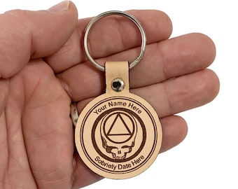 Personalized Leather Alcoholics Anonymous Stealie Key Tag, AA Steal Your Face Key Chain, Recovery Key Fobs, Laser Engraved 12 Step Gifts