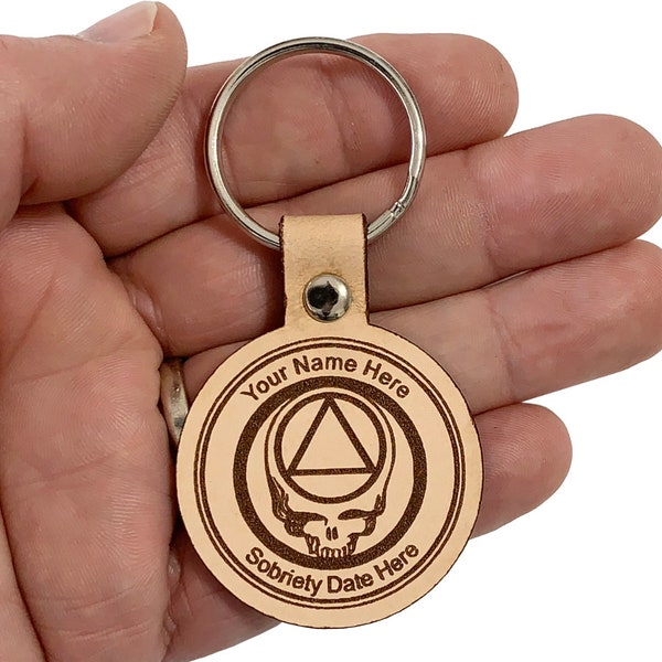Personalized Leather Alcoholics Anonymous Stealie Key Tag, AA Steal Your Face Key Chain, Recovery Key Fobs, Laser Engraved 12 Step Gifts