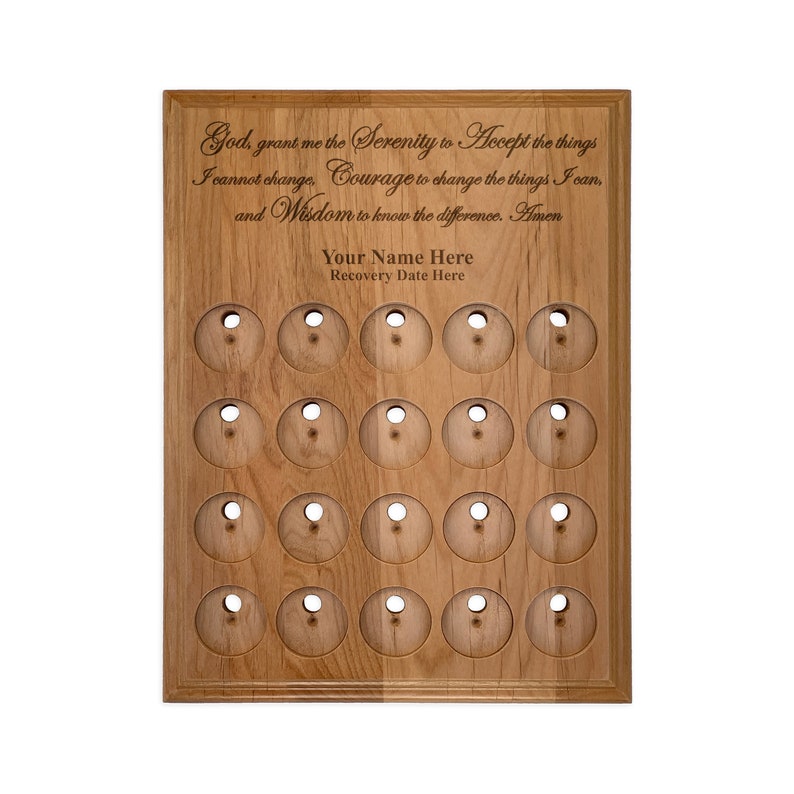 Medallion Holder, 20 Space Serenity Prayer Recovery Coin Holder and Token Display Plaque, Alcoholics Anonymous, Narcotics Anonymous Coins image 1