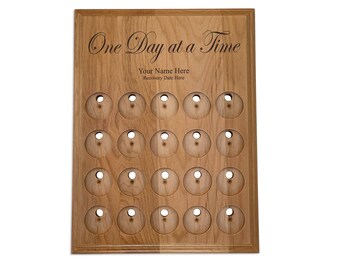 Recovery Medallion Holder, 20 Slot Personalized One Day at a Time Recovery Token Display, Alcoholics Anonymous Sobriety Anniversary Gift