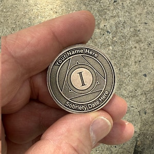 Custom Laser Engraved Solid Brass AA Medallion Personalized With Name and Sobriety Date and Roman Numeral for Years of Sobriety.