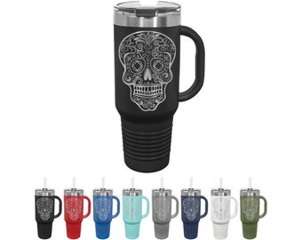 40 oz. Personalized NA Sugar Skull Travel Tumbler w/Handle | Custom Laser Engraved 12 Step Narcotics Anonymous Sobriety Gifts