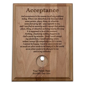 Personalized AA Medallion Holder, Twelve Step Token Display Plaque, Alcoholics Anonymous Big Book Acceptance Passage, 12 Step AA Sober Gifts