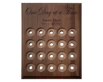Walnut Recovery Medallion Holder, Personalized One Day at a Time Recovery Token Display, Alcoholics Anonymous Sobriety Anniversary Gift