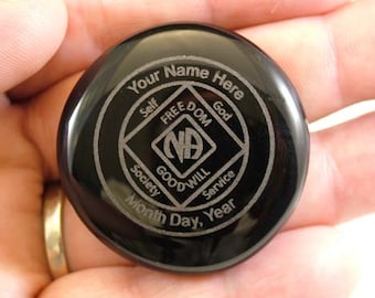 NA, Personalized Glass Medallion - Laser Engraved Narcotics Anonymous Gem - Pocket Rock - Laser Etched Glass Stones for NA Anniversaries