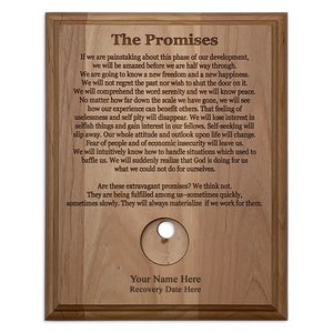 Personalized AA Coin Display Holder featuring The Promises of Alcoholics Anonymous, 12 Step Recovery Medallion Holder