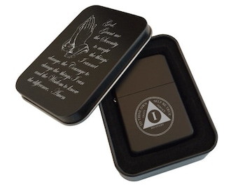 Personalized Wind Proof Lighter - Alcoholics Anonymous AA Anniversary Lighter w/Serenity Prayer Gift Tin - Laser Engraved 12 Step Gifts