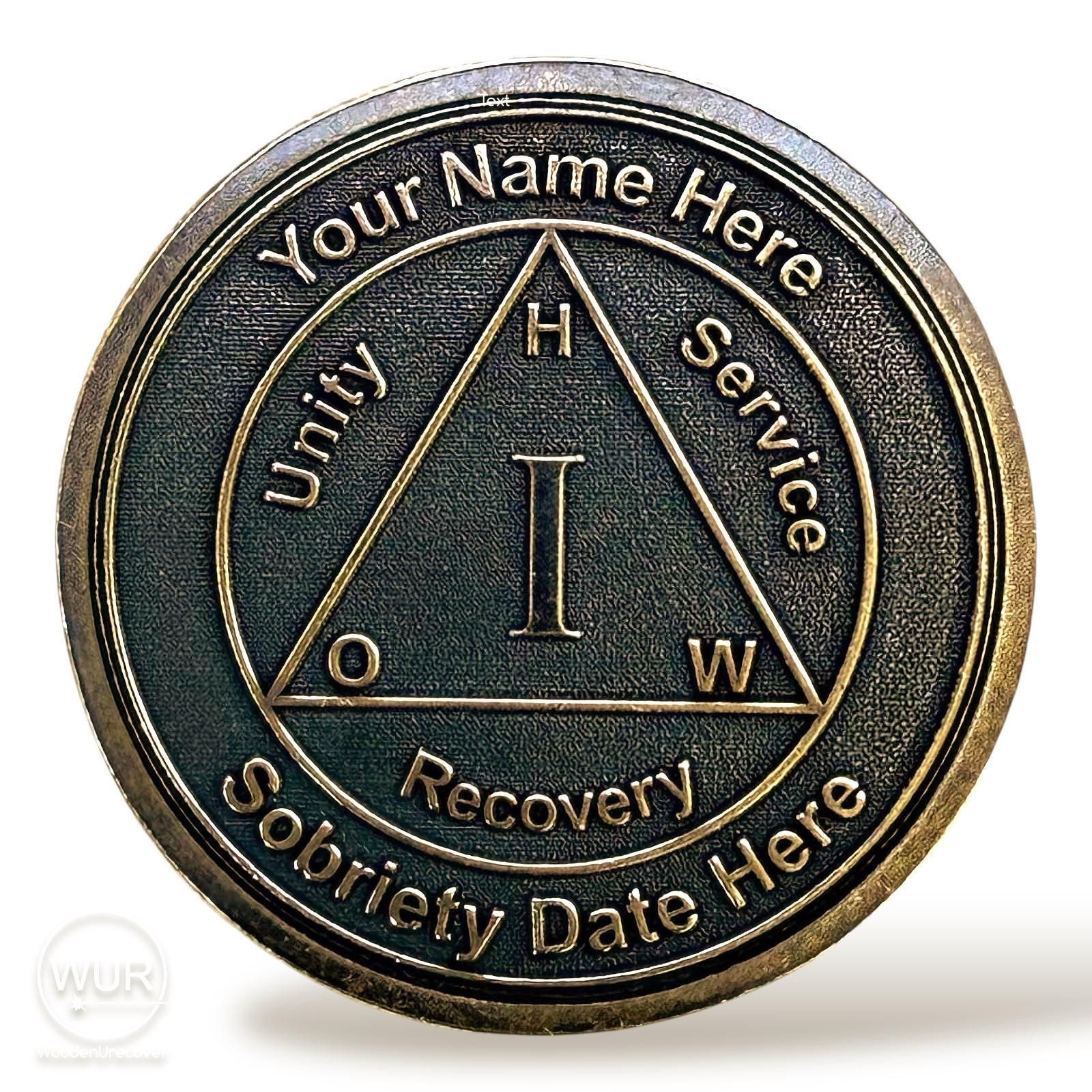 Personalized Solid Brass AA Medallion with Serenity Prayer | Custom Sober Coin | Engraved with Name & Sobriety Date | WoodenUrecover