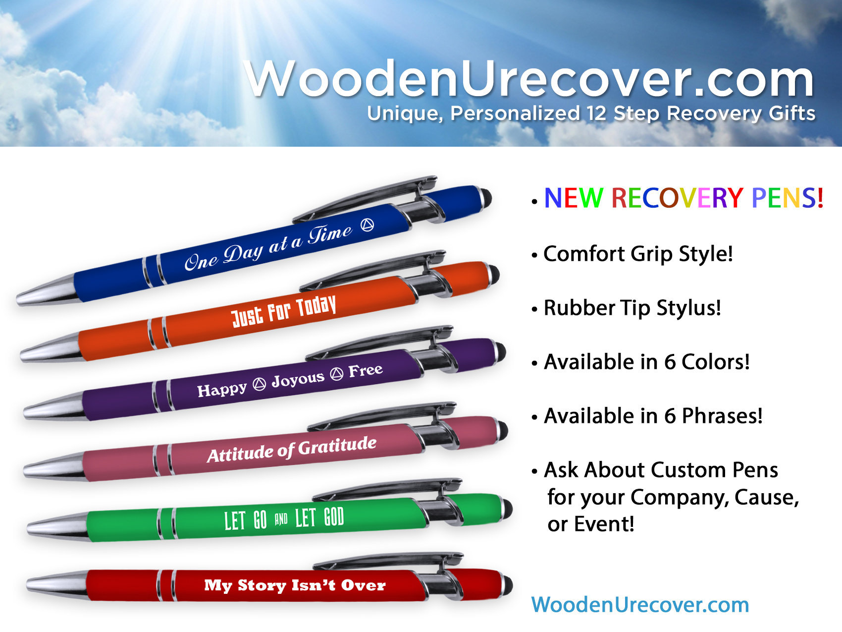 AA Recovery Slogans Ballpoint Pens | Comfort Grip with Rubber Stylus Tip | Gifts for Men and Women in 12 Step Recovery Programs