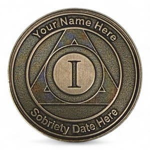 Custom Laser Engraved Solid Brass AA Medallion Personalized With Name and Sobriety Date and Roman Numeral for Years of Sobriety.