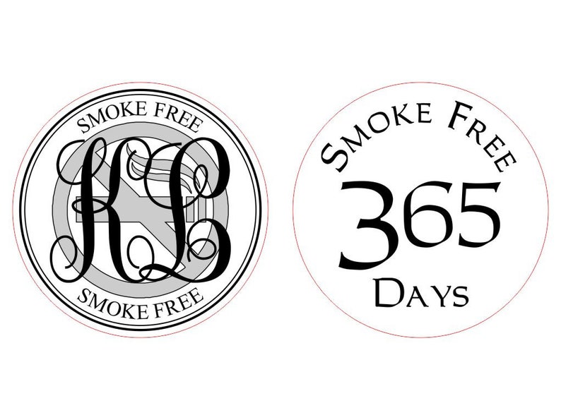 May include: Two round white stickers with black text. The first sticker has a black monogram "RL" with the words "Smoke Free" above and below the monogram. The second sticker has the words "Smoke Free" above the number "365" and the word "Days" below the number.
