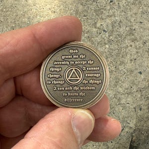 Each Custom Laser Engraved Solid Brass AA Medallion Has The Serenity Prayer Engraved on the Reverse Side of the Coin.