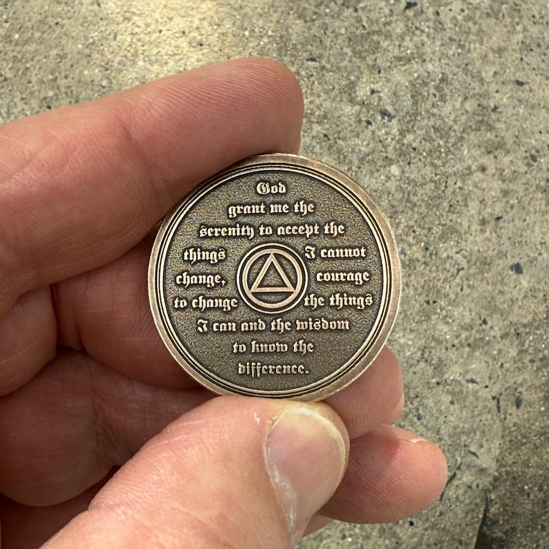 Each Custom Laser Engraved Solid Brass AA Medallion Has The Serenity Prayer Engraved on the Reverse Side of the Coin.