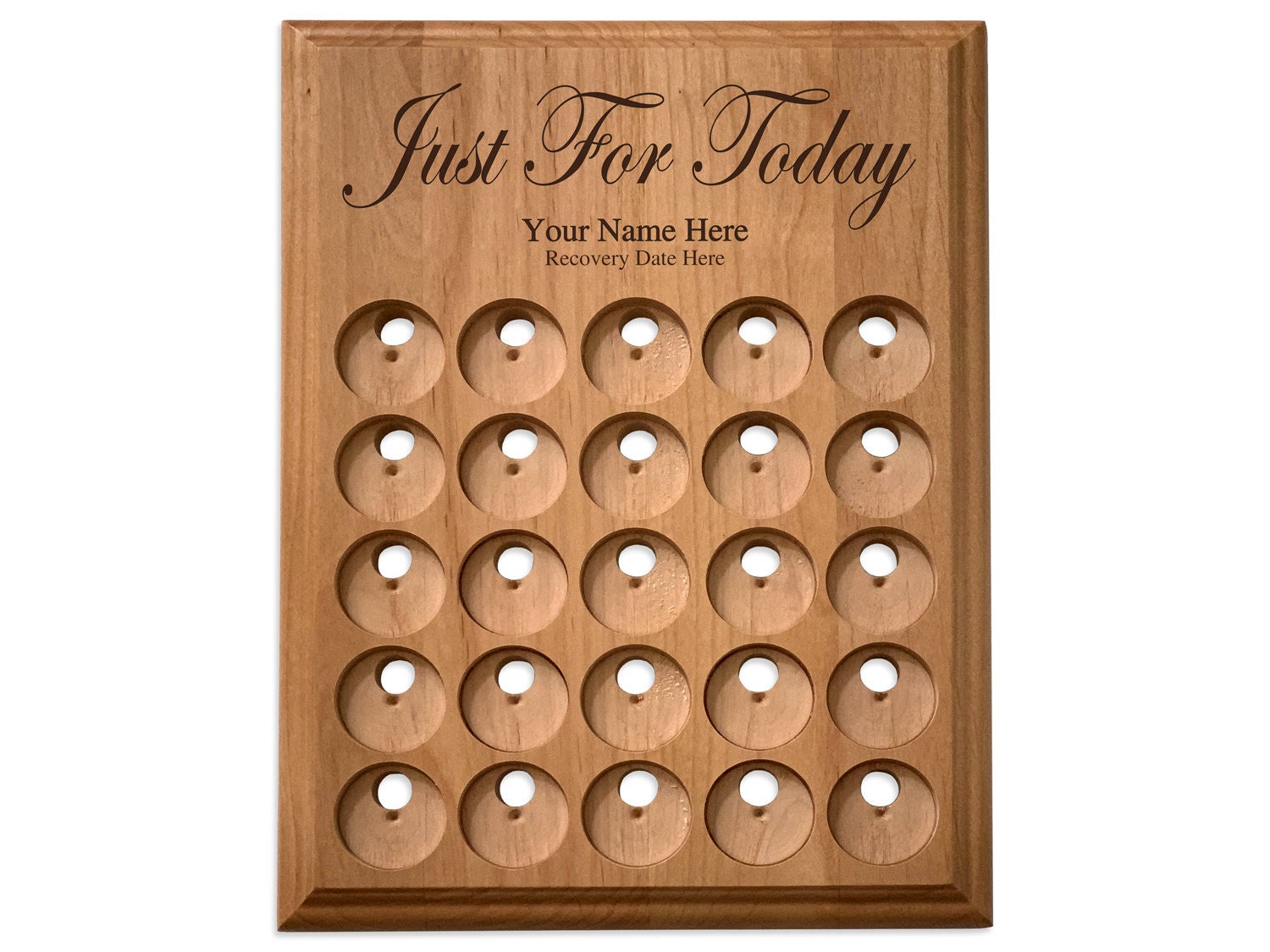 Recovery Token Display, 25 Coin Holder Personalized w/Just For Today Slogan, Medallion Holder for Alcoholics Anonymous, Narcotics Anonymous