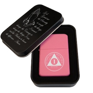 Personalized Cigarette Lighter - Pink Alcoholics Anonymous AA Birthday Lighter w/Serenity Prayer Gift Tin - 12 Step Gifts