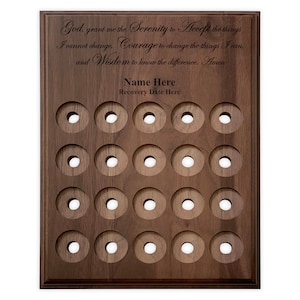 Medallion Holder, 20 Space Walnut Wood Serenity Prayer Recovery Coin Display Plaque, Alcoholics Anonymous, Narcotics Anonymous Tokens