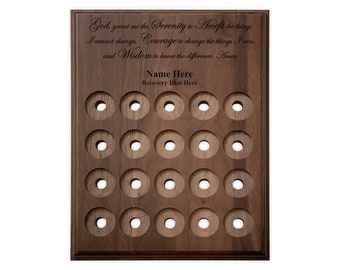 Medallion Holder, 20 Space Walnut Wood Serenity Prayer Recovery Coin Display Plaque, Alcoholics Anonymous, Narcotics Anonymous Tokens