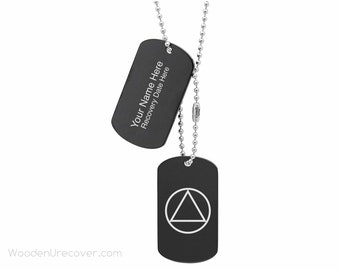 AA Circle and Triangle Dog Tag, Personalized Alcoholics Anonymous Symbol Dog Tag Necklace or Key Chain for Sober Anniversaries and Birthdays