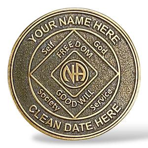 Personalized NA Medallion - Solid Brass - Engraved Name and Clean Date - Roman Numeral Year Choice