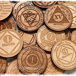 Personalized Wooden Alcoholics Anonymous Anniversary Chip, AA Birthday Token, Recovery Medallion, Unique 12 Step Gifts and Commemoratives image 4