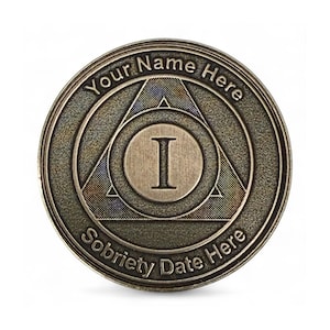 Custom Laser Engraved Solid Brass AA Medallion Personalized With Name and Sobriety Date and Roman Numeral for Years of Sobriety.