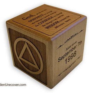 AA Recovery Block - Alcoholics Anonymous Wooden Sobriety Block, Personalized Laser Engraved Awards & Gifts | Recovery Slogans and Prayers