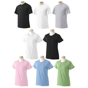 May include: A set of ten plain t-shirts in various colors, including black, white, light blue, pink, and green. The shirts are displayed on mannequins.