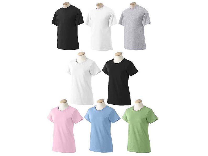 May include: A set of ten plain t-shirts in various colors, including black, white, light blue, pink, and green. The shirts are displayed on mannequins.