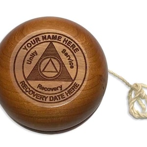 Personalized Wooden AA Recovery Yo Yo Toy for Alcoholics Anonymous Members, 12 Step Recovery Gifts, Cherry Wood Recovery Medallion Design