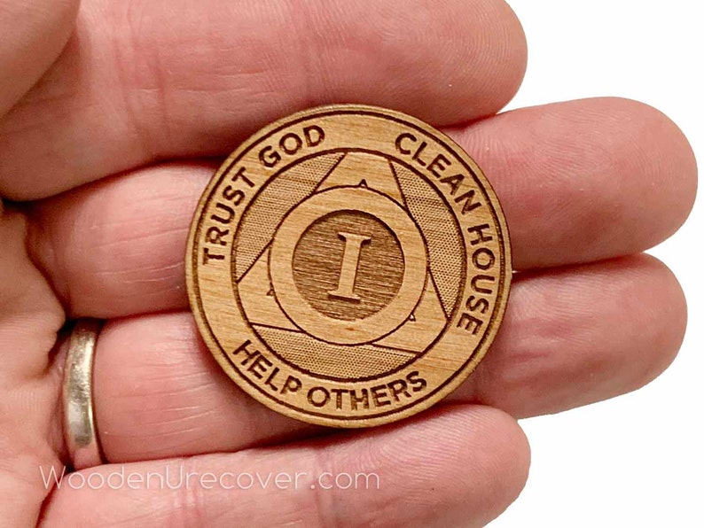 Personalized Wooden Alcoholics Anonymous Anniversary Chip, AA Birthday Token, Recovery Medallion, Unique 12 Step Gifts and Commemoratives image 7