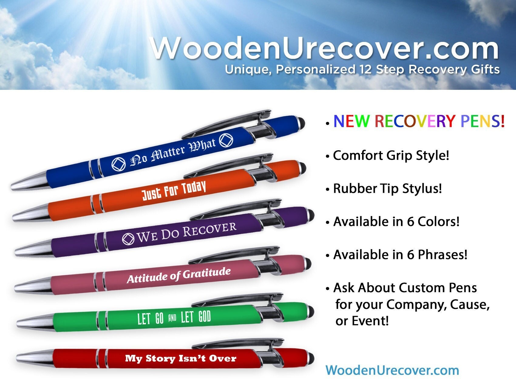 Narcotics Anonymous Inspirational Pens | NA Recovery Gifts | Comfort Grip Ball-Point Pens with Rubber Stylus Tip