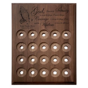 20 Space Recovery Coin Holder, Personalized Serenity Prayer Walnut Medallion Holder Display Plaque for AA or NA Tokens