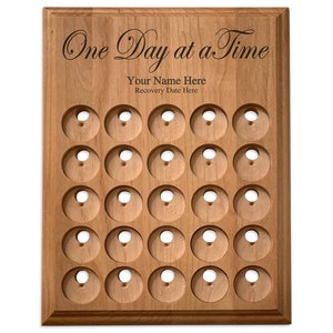 Recovery Token Display, Personalized 25 Space Coin Holder Plaque with One Day at a Time Alcoholics Anonymous, Narcotics Anonymous Gift